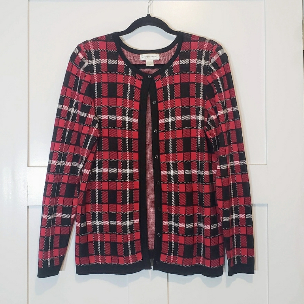 Christopher & Banks Plaid Cardigan Sweater Button Up 100% Cotton Knit Red Sz M
